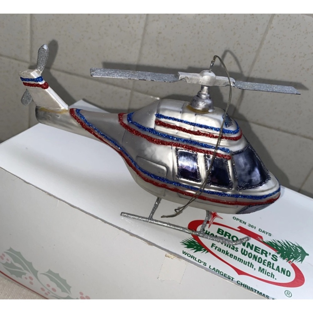 Vintage Silver, Red & Blue‎ Blown Glass Aviation Helicopter Christmas Ornament